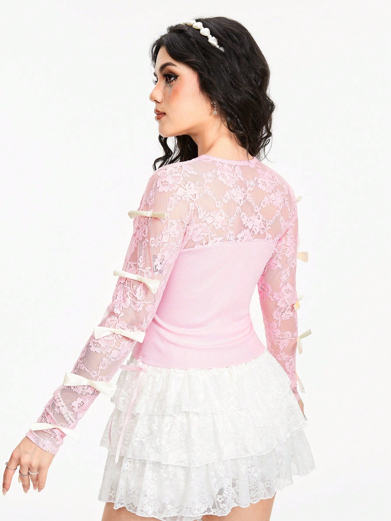 ROMWE Kawaii Camiseta de mujer de cuello cuadrado con parche de encaje, decoración de lazo y mangas largas, de unicolor