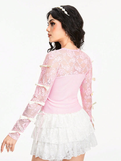 ROMWE Kawaii Camiseta de mujer de cuello cuadrado con parche de encaje, decoración de lazo y mangas largas, de unicolor