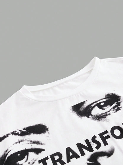 ROMWE Grunge Punk Camiseta Casual Blanca De Mujer De Estilo Urbano Con Retrato A Mano Alzada, Textura De Película Y Impresión De Letras