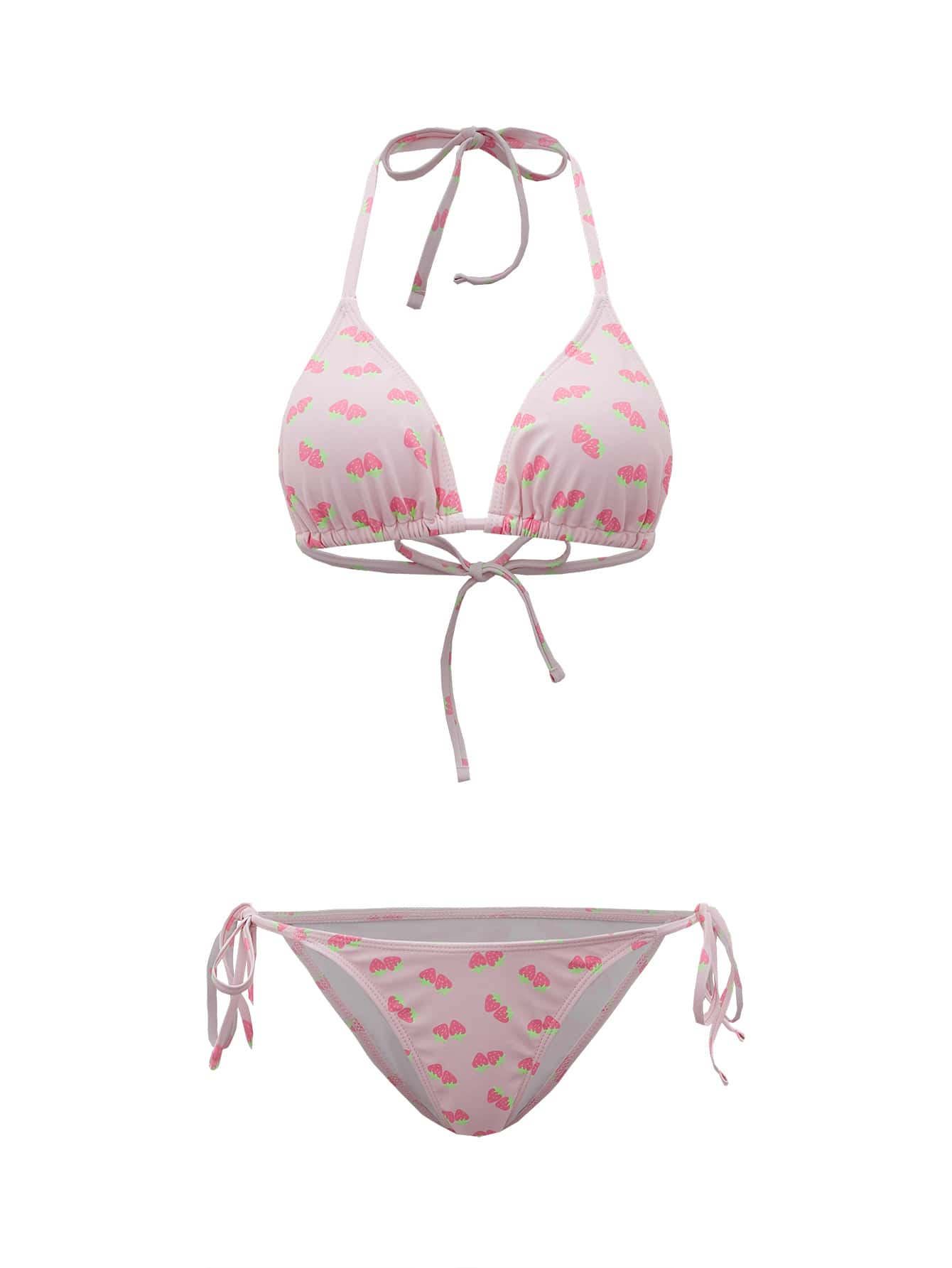 ROMWE Kawaii Conjunto de 4 paquetes de bikini con estampado de fresa con parte superior halter y lazos laterales y cubierta a juego