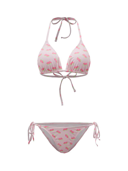ROMWE Kawaii Conjunto de 4 paquetes de bikini con estampado de fresa con parte superior halter y lazos laterales y cubierta a juego