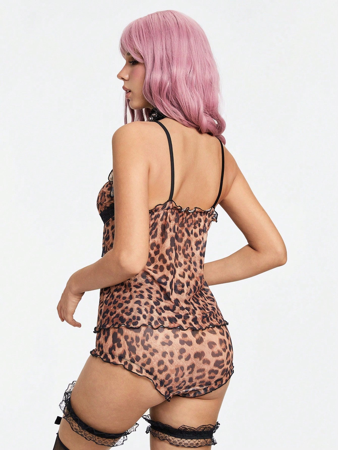 ROMWE Grunge Punk Conjunto de pijama de malla con estampado de leopardo en estilo punk oscuro con ribete de encaje y detalle de lazo