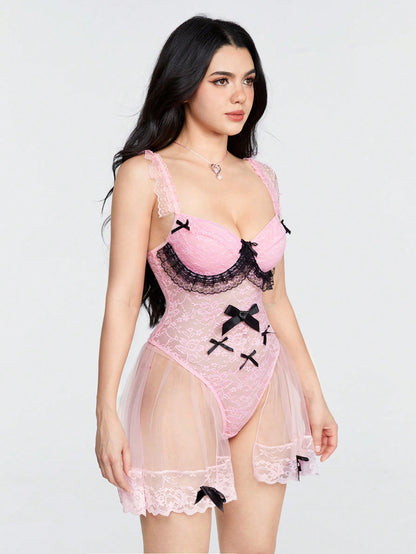 Sweetness Body Lencería Floral Sexy para Mujer con Detalle de Lazo y Moño de Encaje