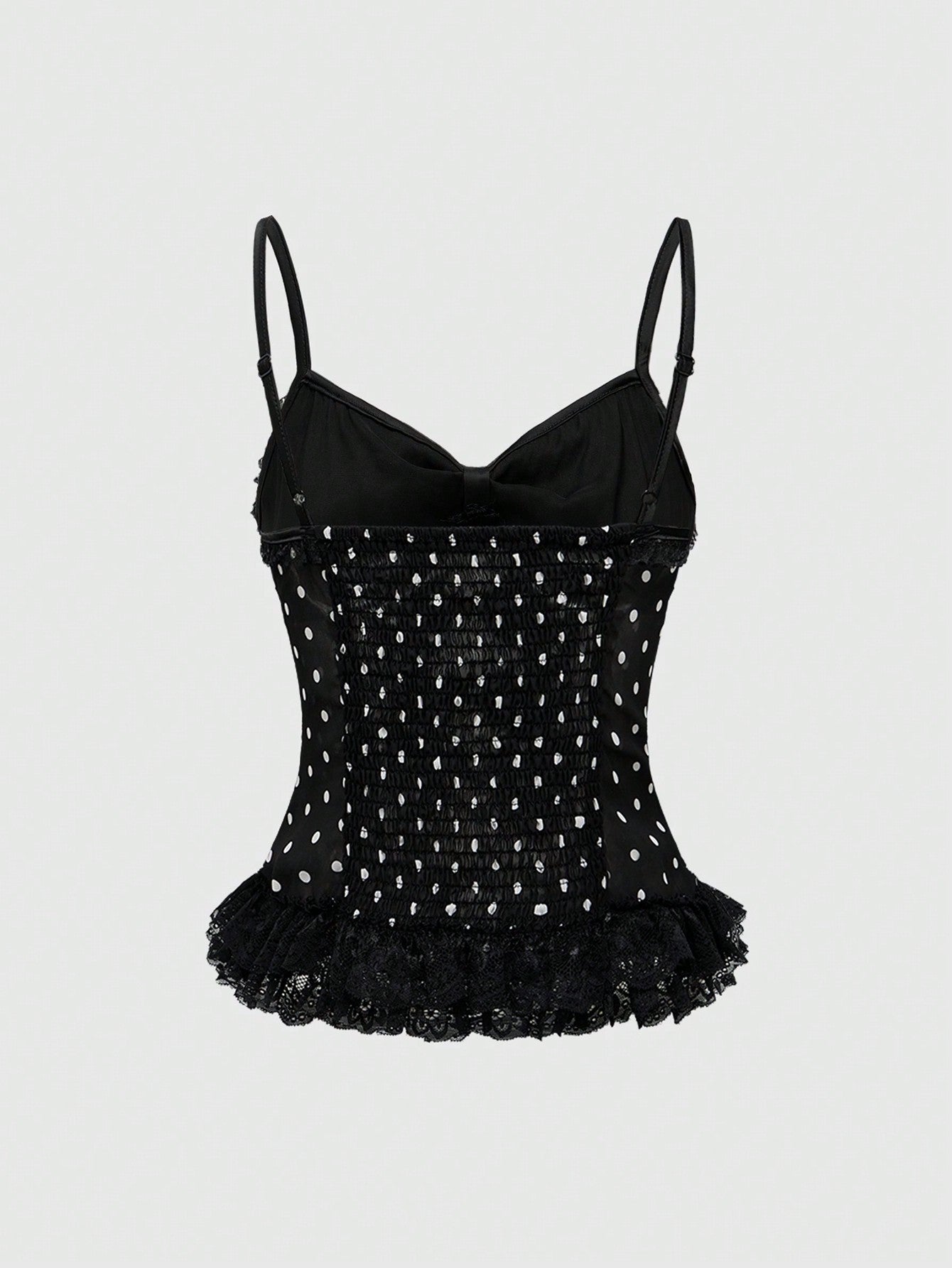 ROMWE Kawaii Camiseta de tirantes con volante y detalles de encaje a lunares, con lazo decorativo estilo princesa