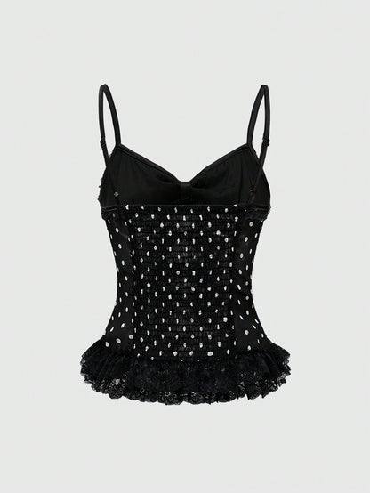ROMWE Kawaii Camiseta de tirantes con volante y detalles de encaje a lunares, con lazo decorativo estilo princesa