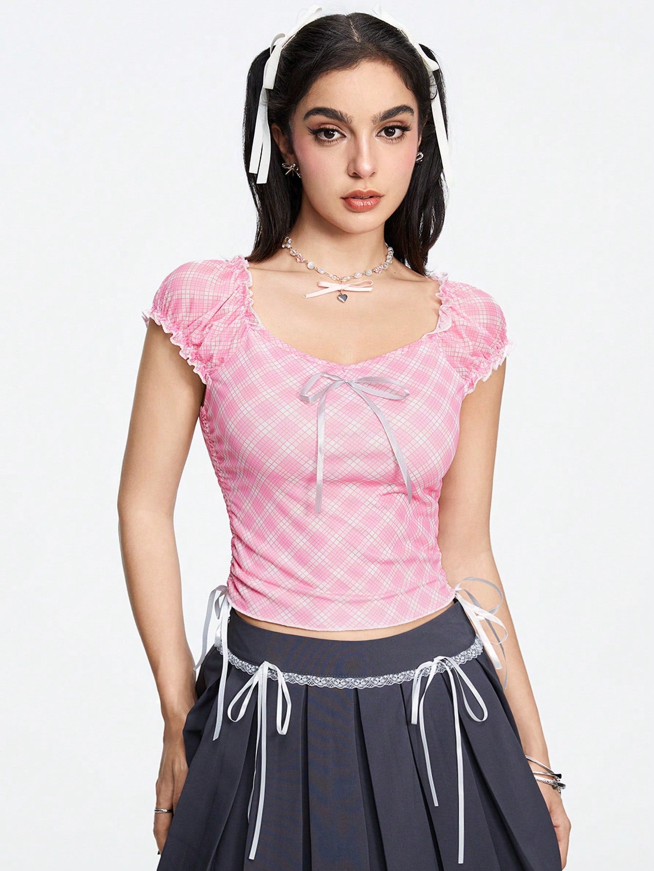 ROMWE Kawaii Camisa elegante de dama a cuadros rosa con manga abullonada, lazo de corbata en la cintura, fruncido en los lados y escote cuadrado bajo
