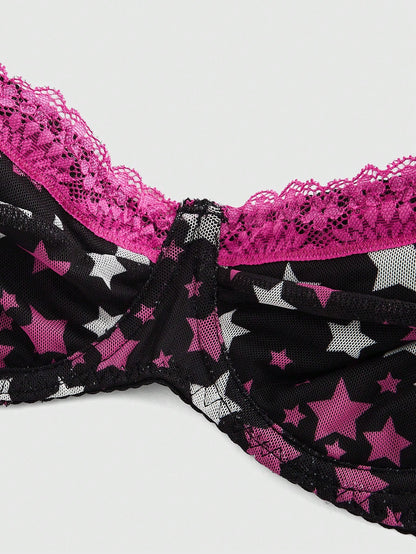 ROMWE J-Fashion Conjunto sexy de lencería Shibuya Gal con estrellas de cinco puntas y detalles de encaje y malla