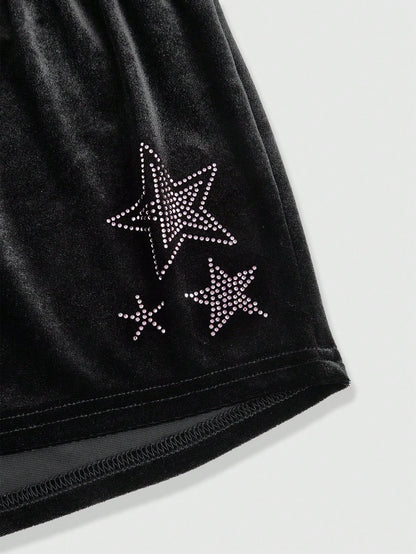 ROMWE Kawaii Conjunto de camiseta de tirantes y pantalón de pijama de terciopelo con esqueleto y estrellas de rhinestone estilo Gyaru de Shibuya, otoño/invierno