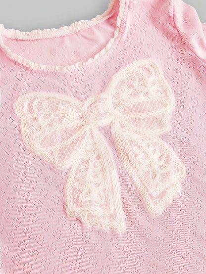 ROMWE Kawaii Conjunto de pijama de mujer con encaje de punto hueco y lazo romántico y encantador en forma de corazón
