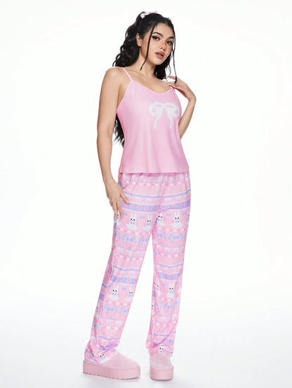 ROMWE Kawaii Conjunto de pijama informal de camiseta y pantalón corto con estampado de conejito Kawaii, rosa, corazón y lazo