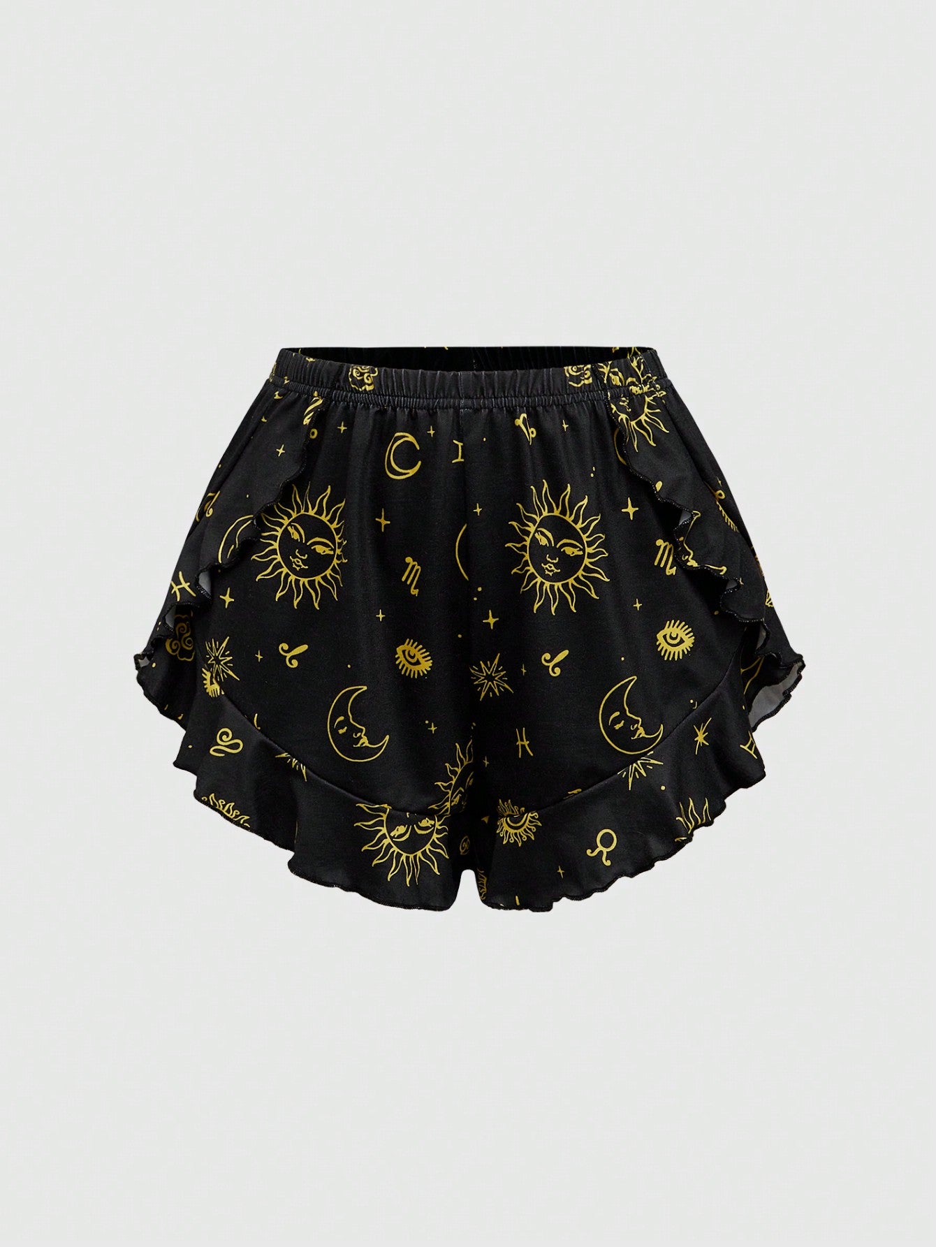 ROMWE Hippie Conjunto de pijama informal con estampado de estrellas de día y noche y dobladillo con volantes