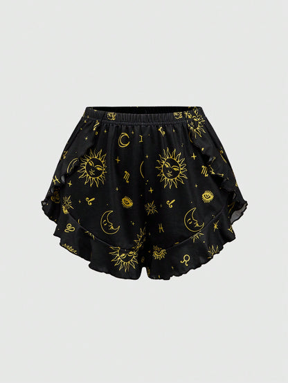 ROMWE Hippie Conjunto de pijama informal con estampado de estrellas de día y noche y dobladillo con volantes