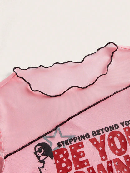 SHEIN ICON Top con estampado de slogan y figura ribete en forma de lechuga de malla