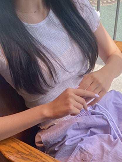DAZY Camiseta corta casual de manga corta y tela texturizada para mujer