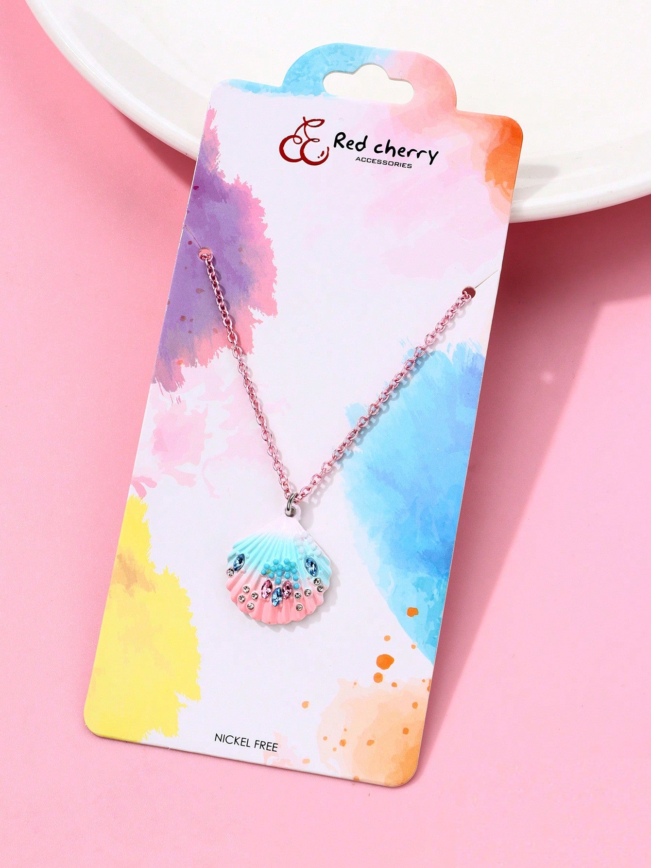 1 pieza Collar colgante con decoración de piedras rhinestone y pintura de degradado de concha de aleación de zinc para niñas pequeñas, joyería de uso casual