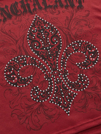 ROMWE Grunge Punk Camiseta Con Cuello Redondo Amplio Y Con Diseño De Flores, Diamantes De Imitación, Letras De Vid Y Con Hombros Caidos Para Mujeres Con Mangas Cortas Y Ajuste Holgado