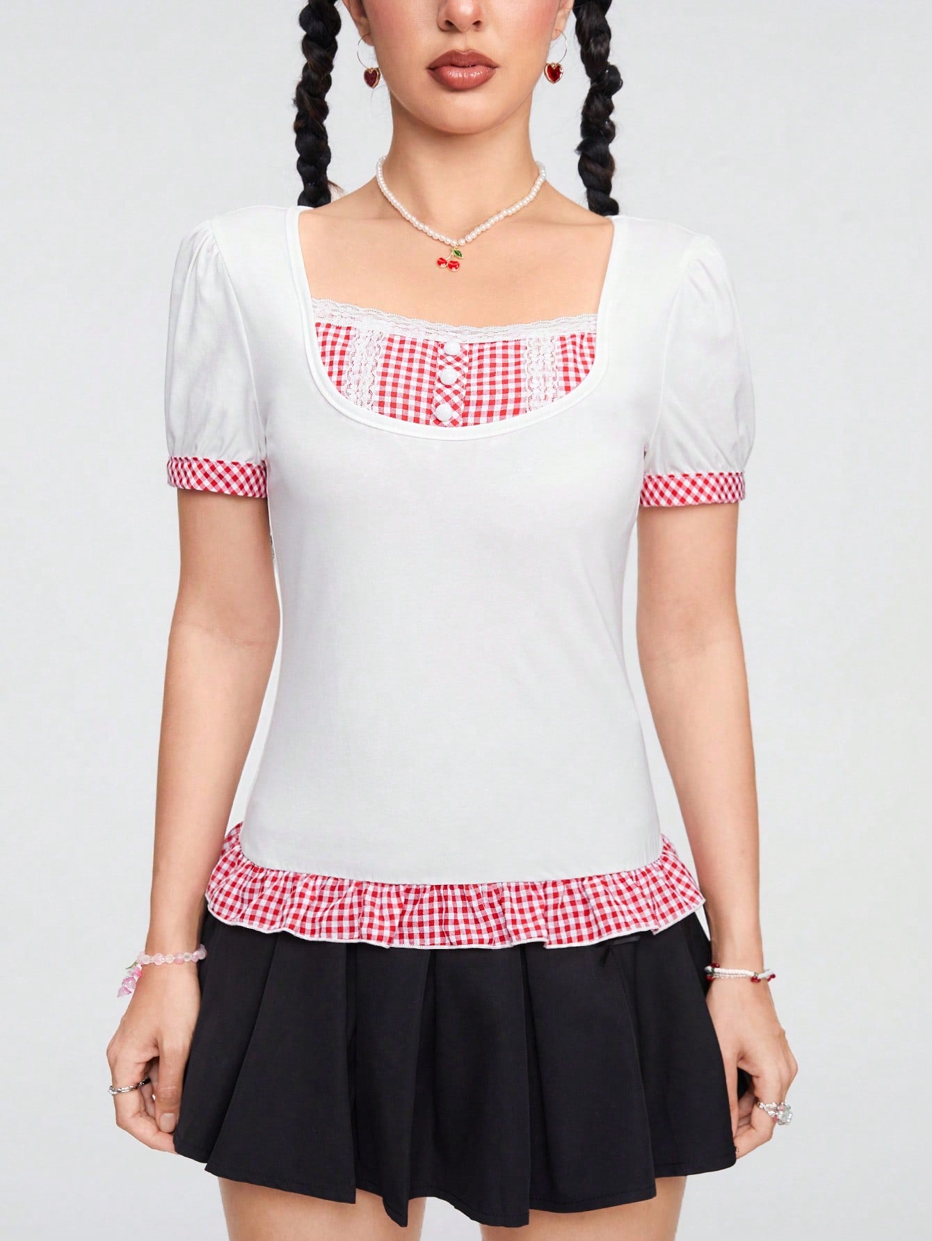 ROMWE Kawaii Camiseta de diseño a cuadros rojos y blancos de moda para mujeres en verano