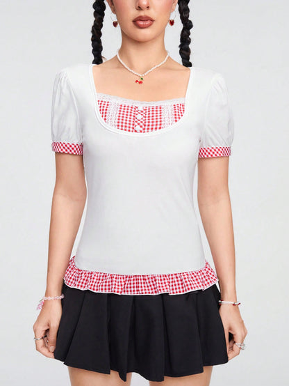 ROMWE Kawaii Camiseta de diseño a cuadros rojos y blancos de moda para mujeres en verano