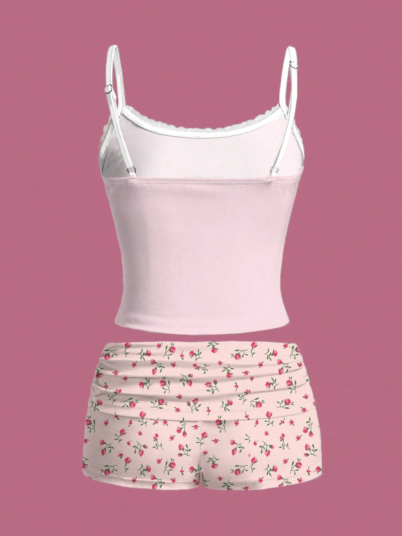 SHEIN EZwear Conjunto de 2 piezas de top de encaje con estampado floral "Dios es bueno" y shorts fruncidos para mujer, adecuado para el verano