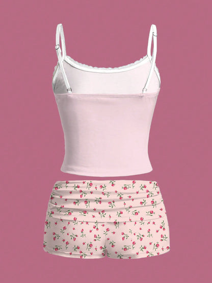 SHEIN EZwear Conjunto de 2 piezas de top de encaje con estampado floral "Dios es bueno" y shorts fruncidos para mujer, adecuado para el verano