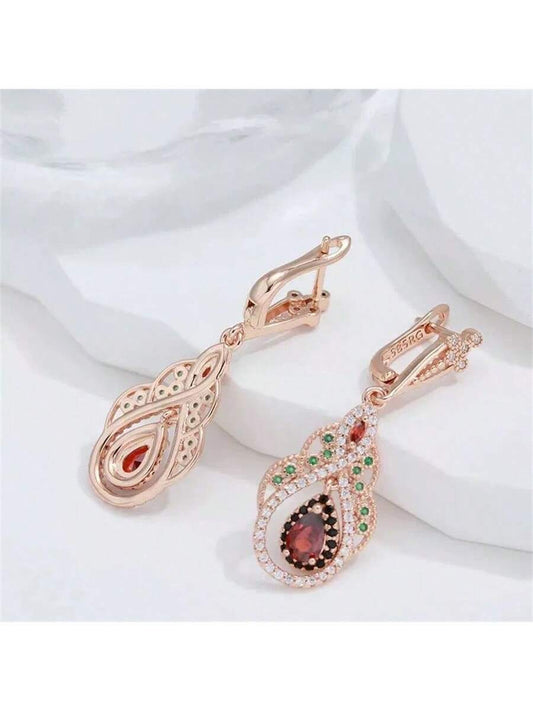 1 par de pendientes colgantes con forma de gota de agua con rubíes y circonitas verdes, con borlas, lujosos y elegantes, perfectos para compromisos, bodas, fiestas, regalo de San Valentín