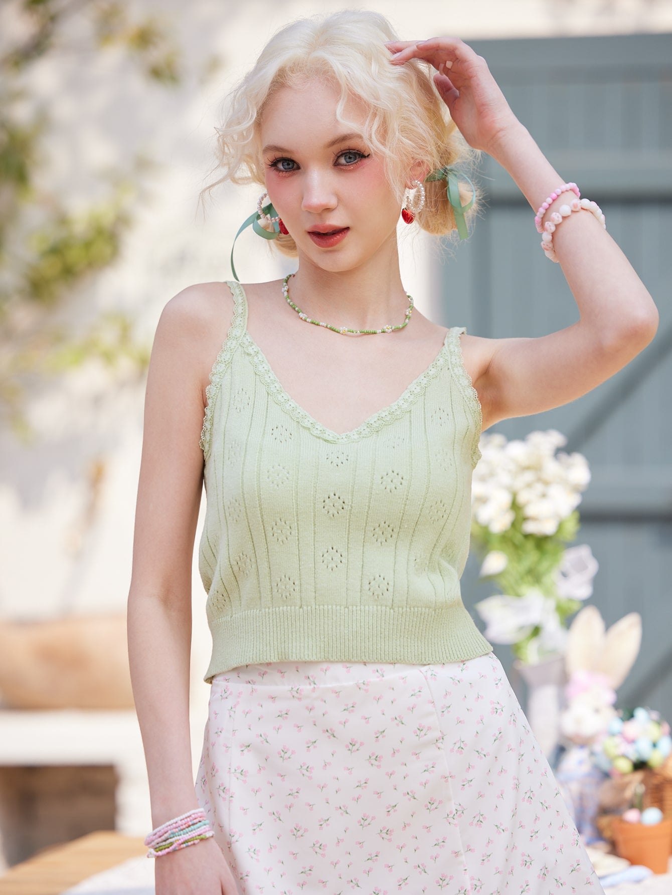ROMWE Kawaii Top tejido de tirantes unicolor puntillas con encaje en contraste