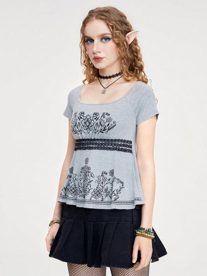 ROMWE Fairycore Camiseta Ajustada Con Encaje De Cintura Baja Sexy Para Mujeres Con Detalles De Flor, Estrás Y Hojas De Plantas