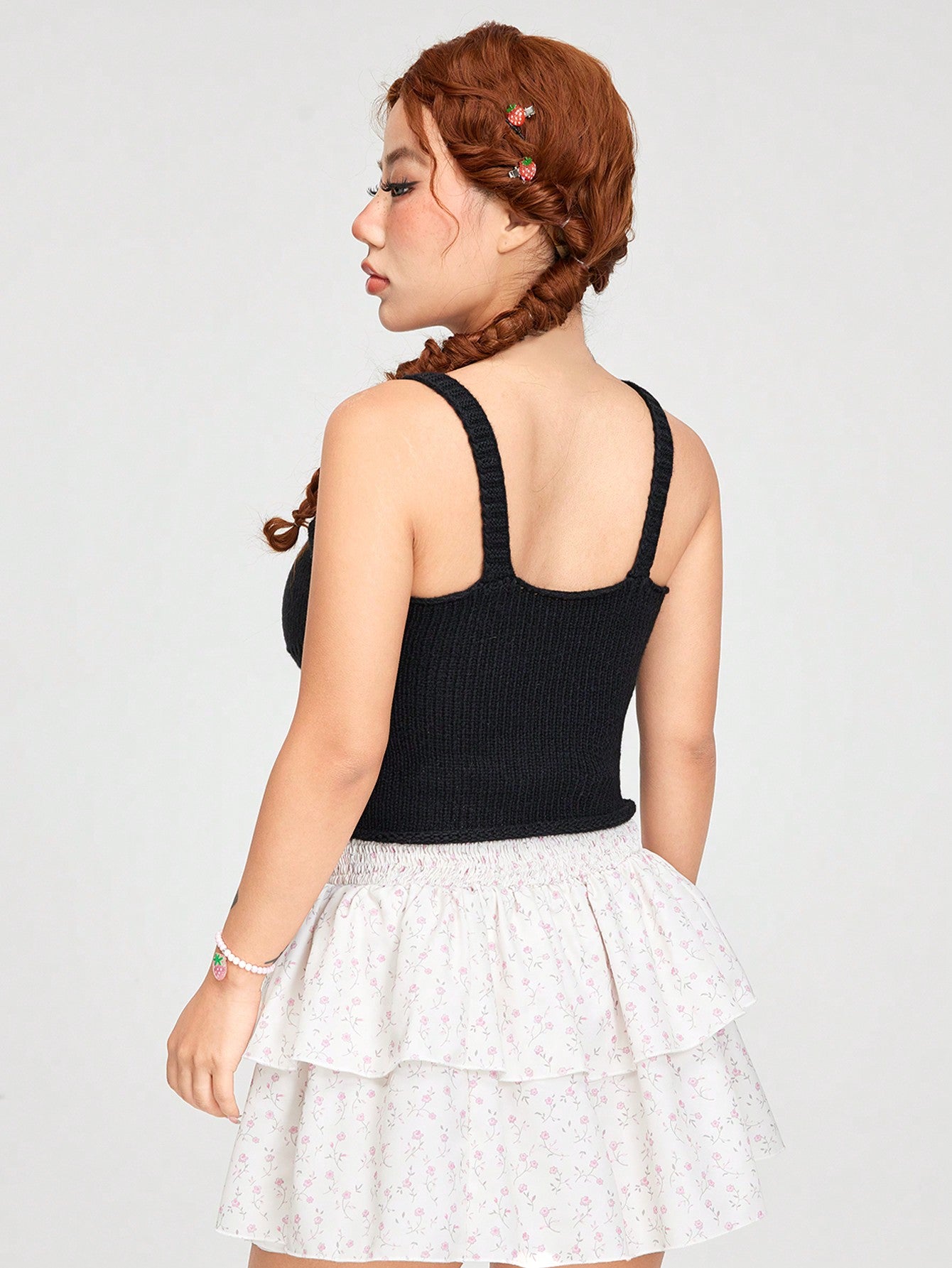 ROMWE Kawaii Top de punto de verano para mujer dulce y encantador decorado con rosas
