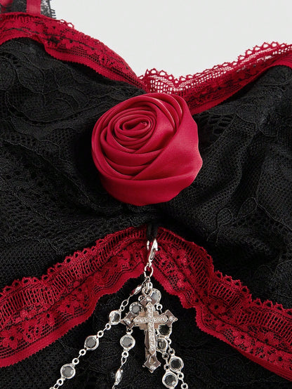 ROMWE Goth Top de encaje con cordones, decorado con una cruz gótica y flor en el pecho, para mujer, ideal para Navidad