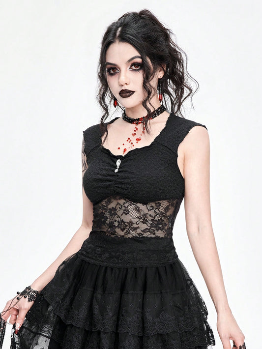 ROMWE Goth Top de tanque con adorno de colgante de diamante con corte bajo y ajuste delgado para mujer, con encaje empalmado y diseño hueco