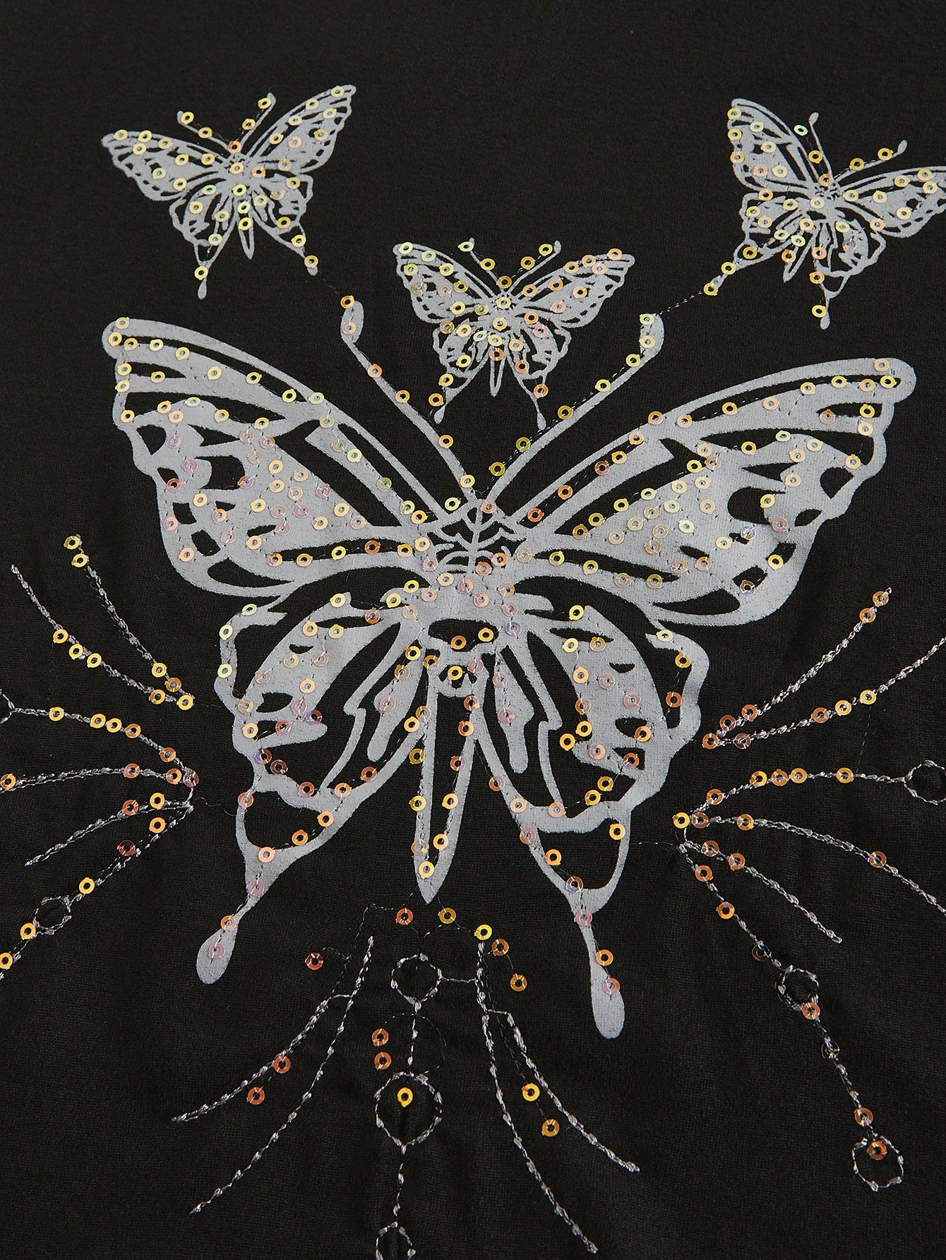 ROMWE Fairycore Camiseta entallada de manga corta para mujer con cuello cuadrado y parche de encaje bordado con cuentas de mariposa