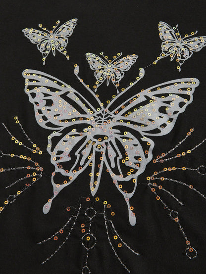 ROMWE Fairycore Camiseta entallada de manga corta para mujer con cuello cuadrado y parche de encaje bordado con cuentas de mariposa