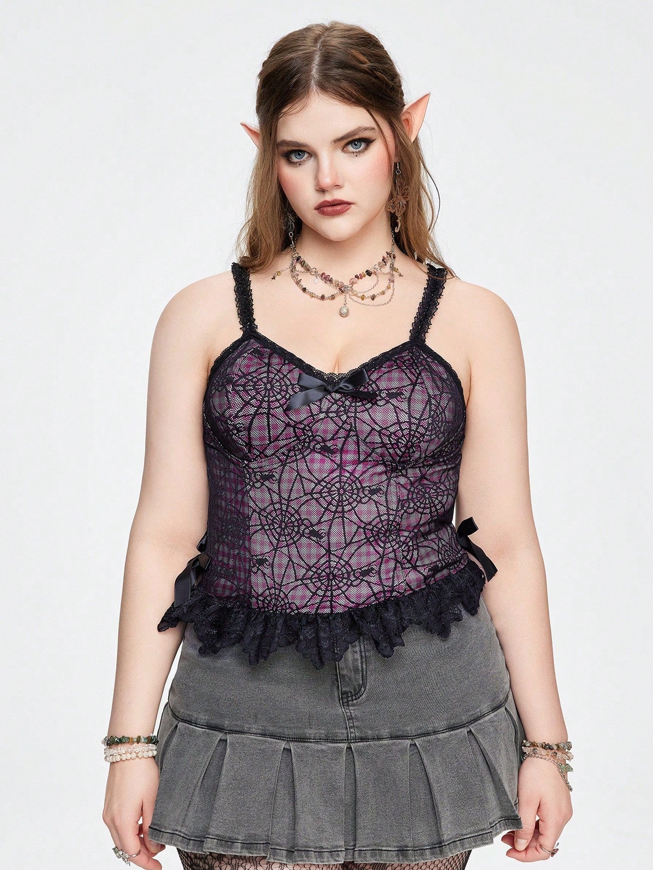 ROMWE Grunge Punk Top de camisola para mujer con encaje y dobladillo de volantes