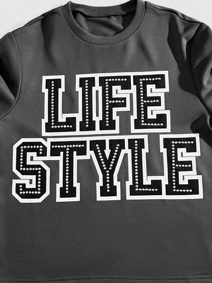 ROMWE Street Life Sudadera casual de cuello redondo con estampado de letras y flores, de manga larga, para hombre, para otoño