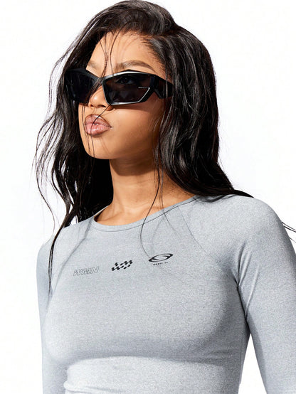 SUMWON WOMEN Camiseta corta deportiva ajustada de cuello redondo con mangas raglán largas