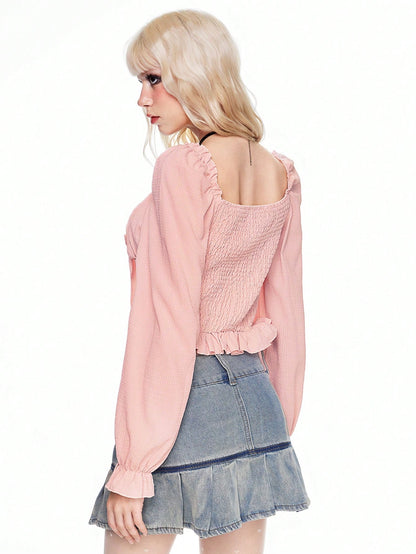 ROMWE Kawaii Blusa de mujer de manga larga con decoración de lazo y diseño de burbujas dulce y lindo