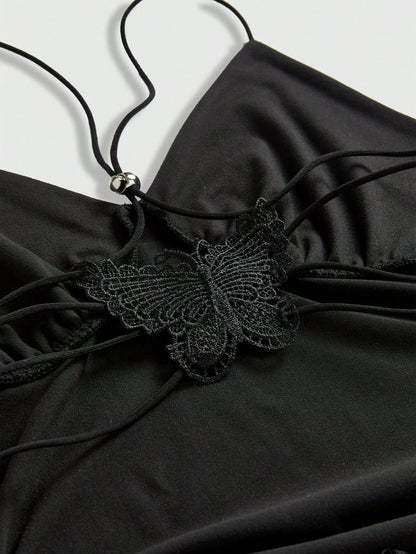 ROMWE Vestido de mujer sexy ajustado con pliegues, sin espalda y corbata de mariposa