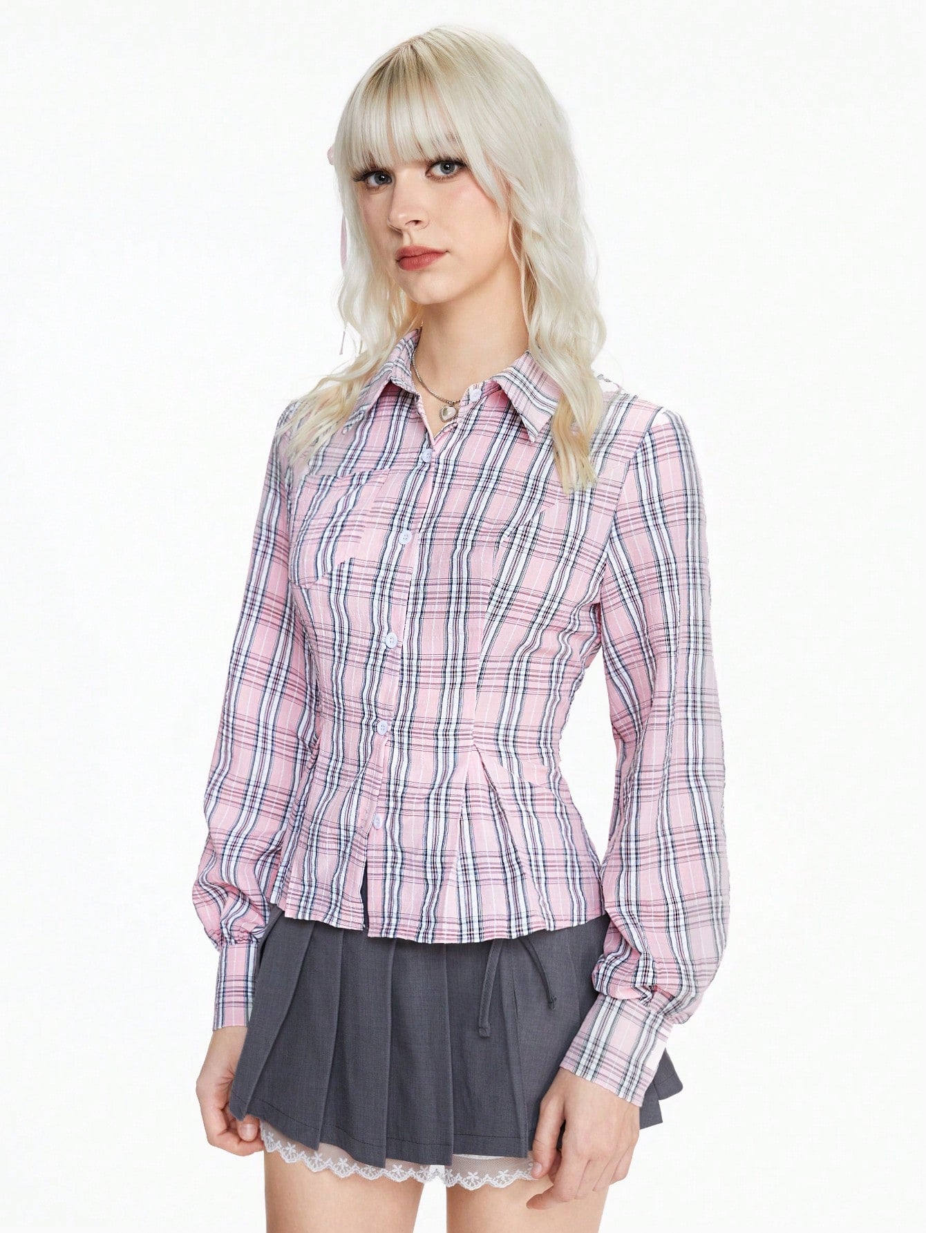 ROMWE Kawaii Blusa ajustada de tartán rosa lindo para damas