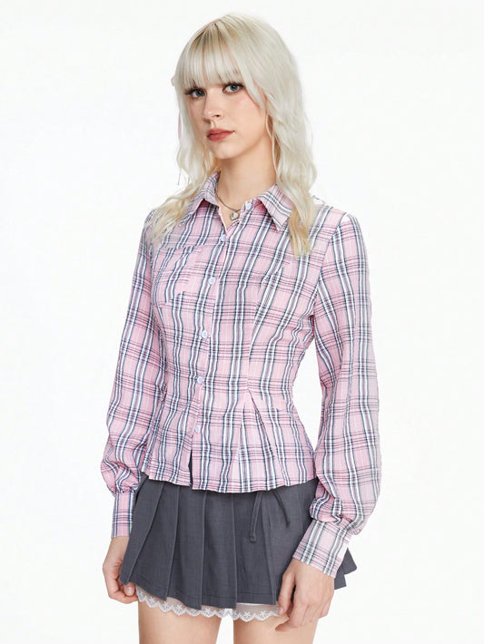 ROMWE Kawaii Blusa ajustada de tartán rosa lindo para damas