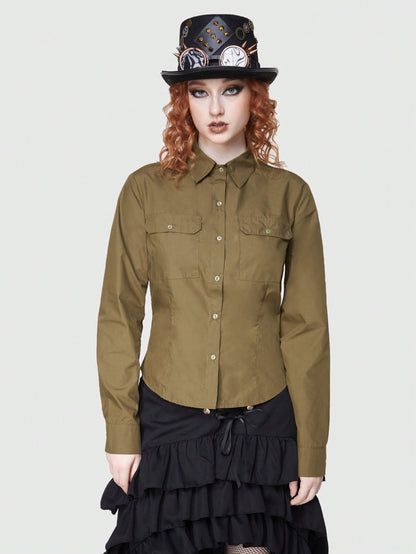 ROMWE Avant Camisa De Color Sólido Con Detalles De Bolsillo