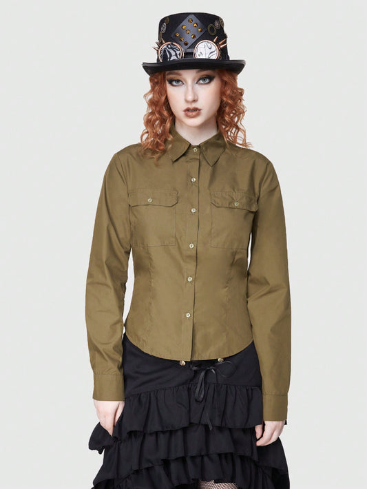 ROMWE Avant Camisa De Color Sólido Con Detalles De Bolsillo