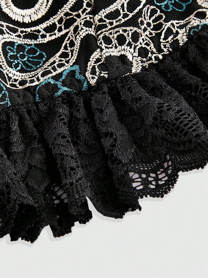 ROMWE Goth Top De Cuello Halter Para Mujer Con Diseño Sexy De Serpiente, Flores Y Encajes Para Vacaciones