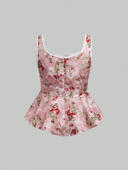 ROMWE Kawaii Top de tanque de camisola con estampado floral para Mujeres en estilo de vacaciones