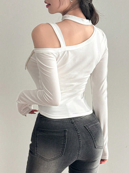 DAZY Camiseta De Manga Larga Con Cuello Asimétrico Para Mujeres