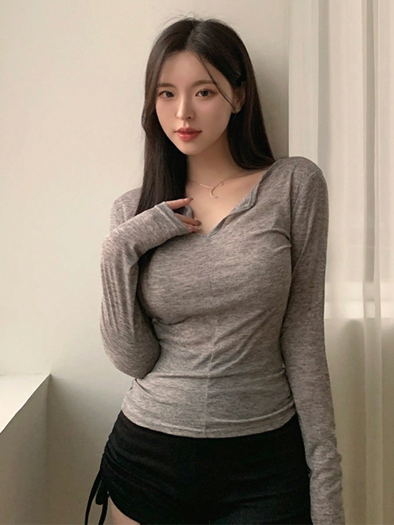 Camiseta De Manga Larga Y Ajustada Para Mujer Con Tejido Transparente