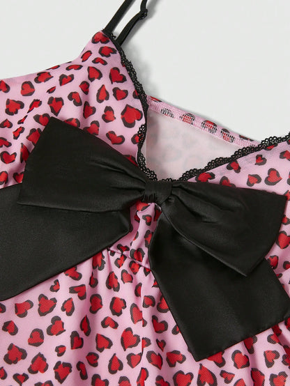 ROMWE J-Fashion Camiseta de tirantes con lazo y estampado de leopardo para mujer, perfecto para el Día de San Valentín