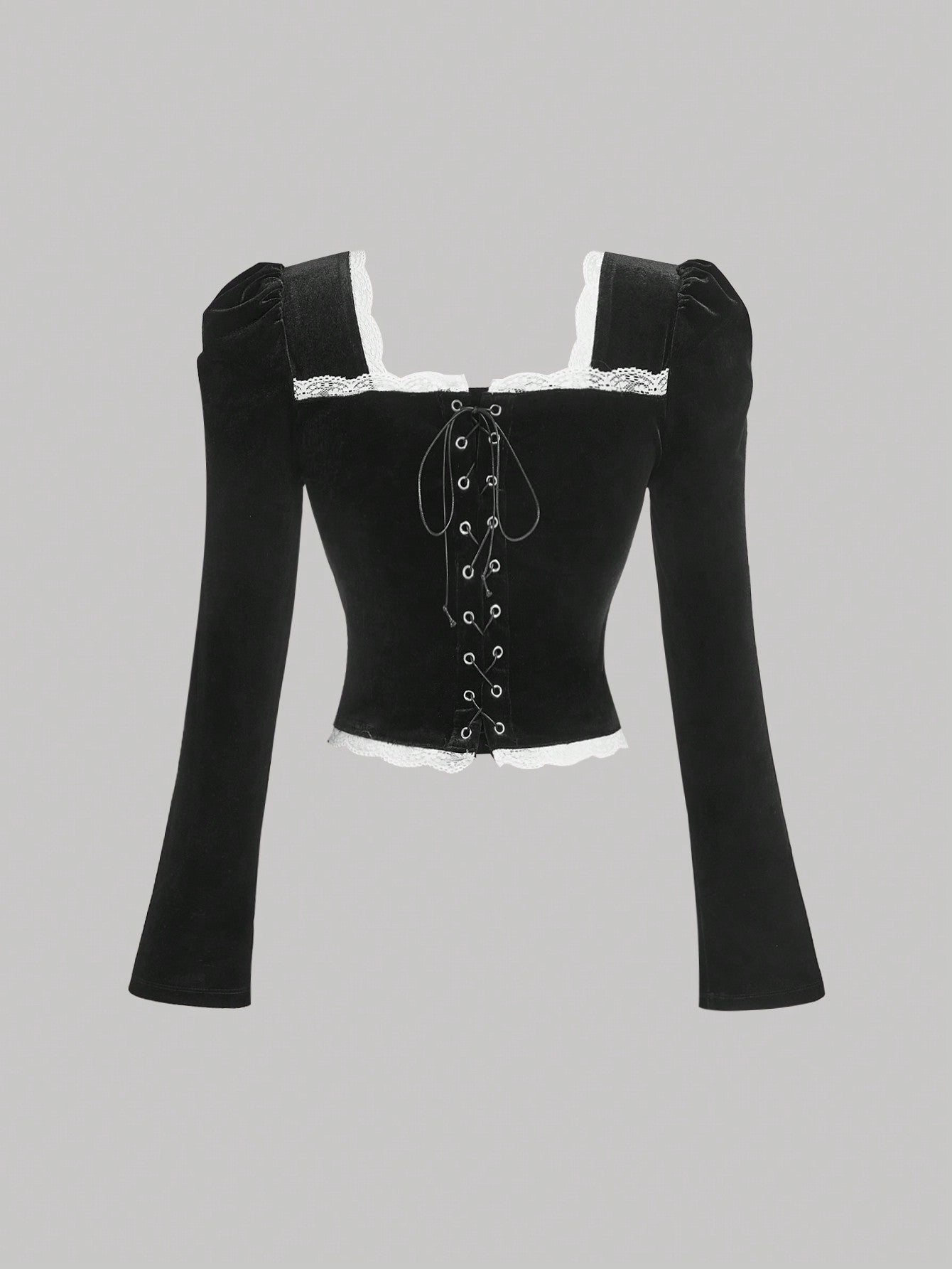 SHEIN MOD Camiseta de manga larga con cuello cuadrado de terciopelo negro para mujer, camiseta de invierno, camiseta "Old Money", estilo "Old Money" para mujer, atuendos de rave de festival, top de cuello cuadrado