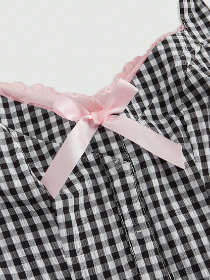 ROMWE Kawaii Top de mujer de 2 en 1 con cuello halter y decoración de lazo, lindo y dulce