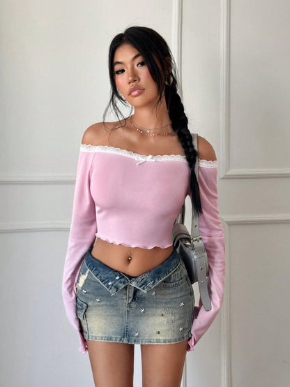 Flirla Camiseta de manga corta y larga ajustada con encaje estilo chica ardiente hombros descubiertos