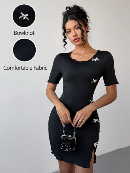 Rafferiza Vestido entallado de mujer de color negro sólido con lazo en la cintura